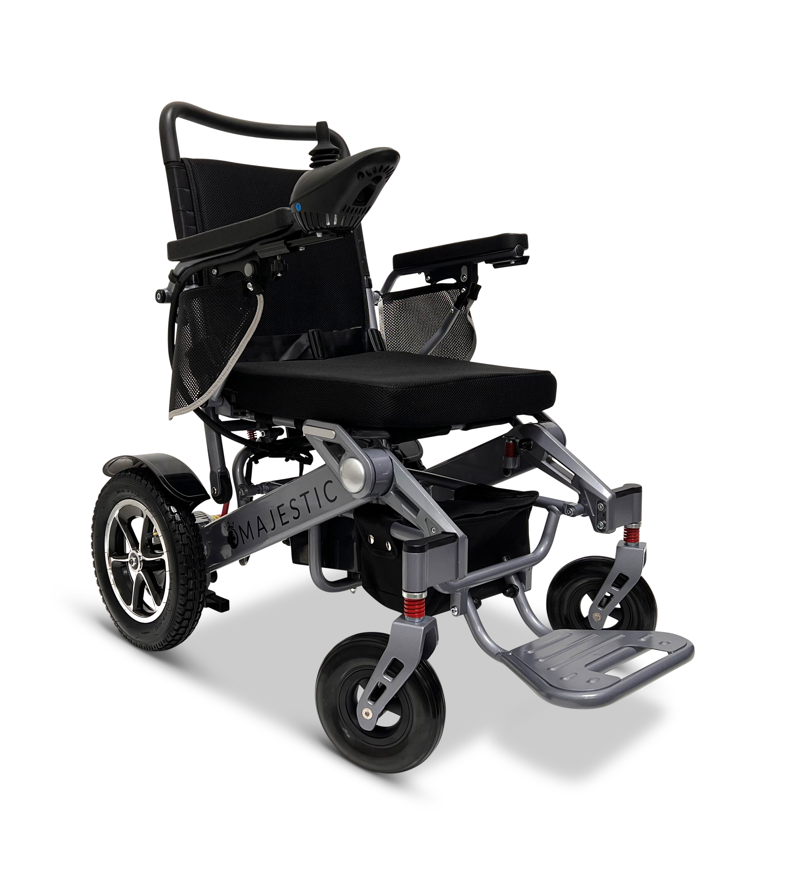 The MAJESTIC IQ-7000 is a sleek, lightweight electric wheelchair with auto-folding, a cushioned seat and backrest, armrests, a right-side 360-degree joystick control, smooth-rolling large rear and smaller front wheels, and a metallic frame boldly displaying MAJESTIC.